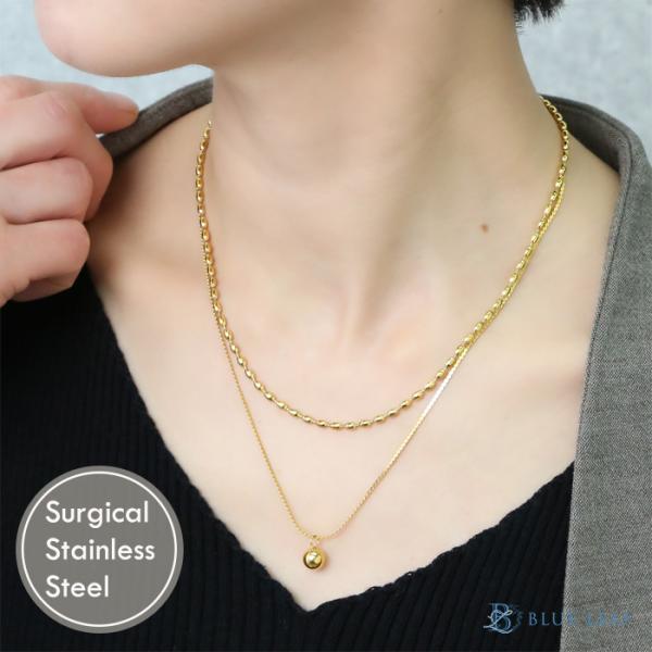 ステンレス 2連ネックレス 2本 サージカルステンレス ゴールドボール 玉 ボール k18コーティング アクセサリー ニッケルフリー