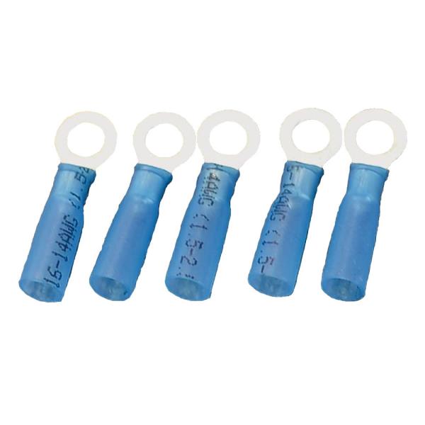 ・　防水型圧着端子・青（５個入り）・　ホットガンで加熱することで　　樹脂がとけだし配線を防水するタイプ・　撚線：2.0×ボルト5ｍｍ