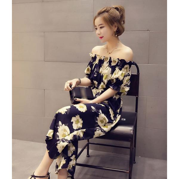 オールインワン 花柄 レディース オーバーオール オフショルダー