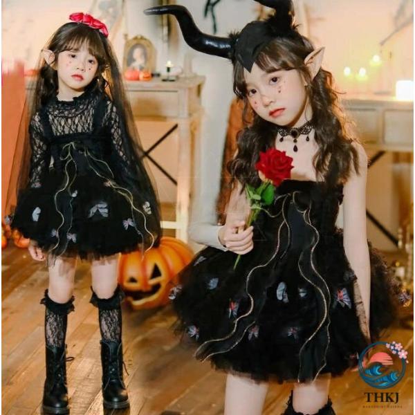 ハロウィン コスプレ衣装 女の子 悪魔 妖精 精霊 ゴースト 巫女 コスチューム キッズ 子供 暗黒 ゴスロリ ゴシック ジャンパースカート 蝶々乱舞 大きい 膝丈 ワ