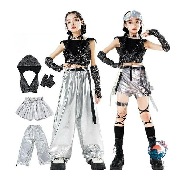 ダンス 衣装 キラキラ キッズ へそ出し トップス 女の子 セットアップ シルバー スカート キュロット 黒 韓国 k?pop ジャズダンス アイドル風 キッズダンス ヒ