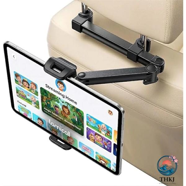 車載 タブレットホルダー 後部座席 ヘッドレスト 金属製 伸縮アーム フック収納 スマホ アイパッド リアシート モニター