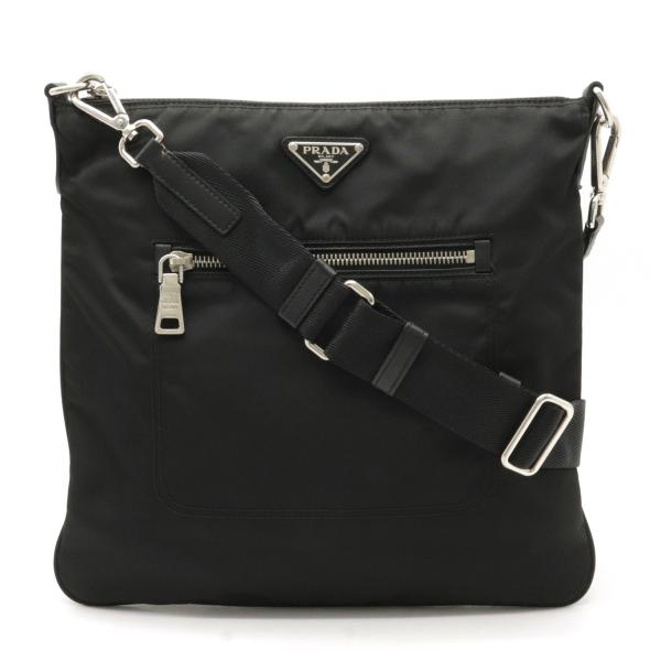 PRADA プラダ ショルダーバッグ 斜め掛け マチなし ナイロン レザー NERO 黒 ブラック シルバー金具 PRADA プラダ ショルダーバッグ 斜め掛け マチなし ナイロン レザー NERO 黒 ブラック シルバー金具