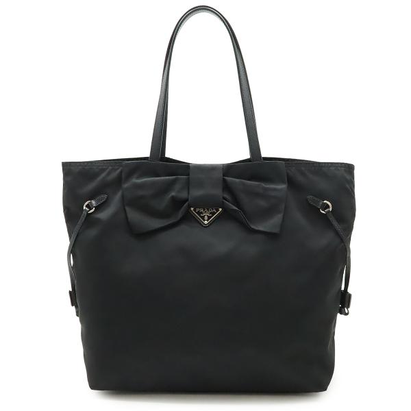PRADA プラダ リボンモチーフ トートバッグ ショルダーバッグ ナイロン サフィアーノ レザー NERO 黒 ブラック シルバー金具 BR4022 PRADA（プラダ） リボンモチーフ トートバッグ ショルダーバッグ