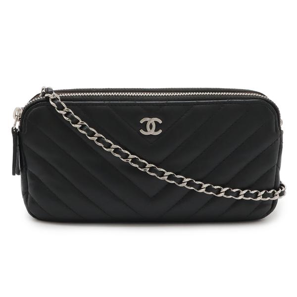 CHANEL シャネル Vステッチ シェブロン Wジップチェーンウォレット チェーンショルダー 2WAY クラッチバッグ ラムスキン レザー ブラック 黒 A82527 CHANEL（シャネル） Vステッチ シェブロン Wジップチェーンウォレット