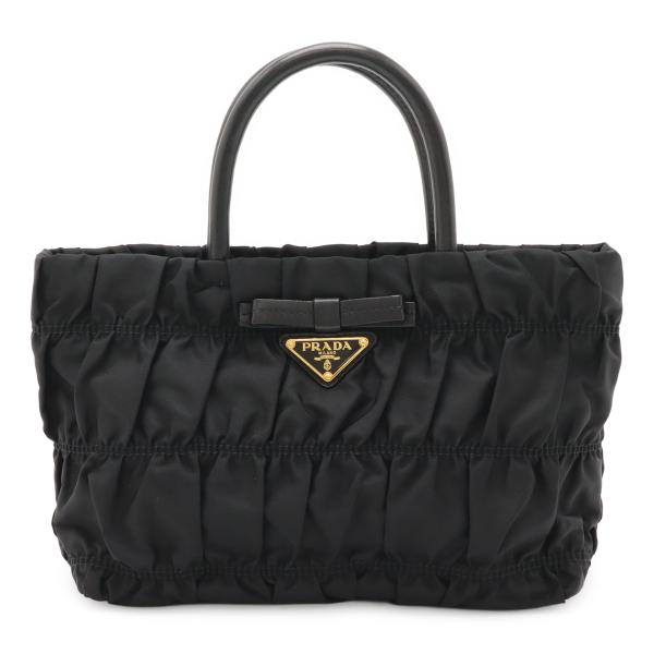 PRADA プラダ ハンドバッグ リボン ギャザー ナイロン レザー NERO ブラック 黒 ゴールド金具 BN1675 PRADA（プラダ） ハンドバッグ リボン ギャザー ナイロン レザー NERO