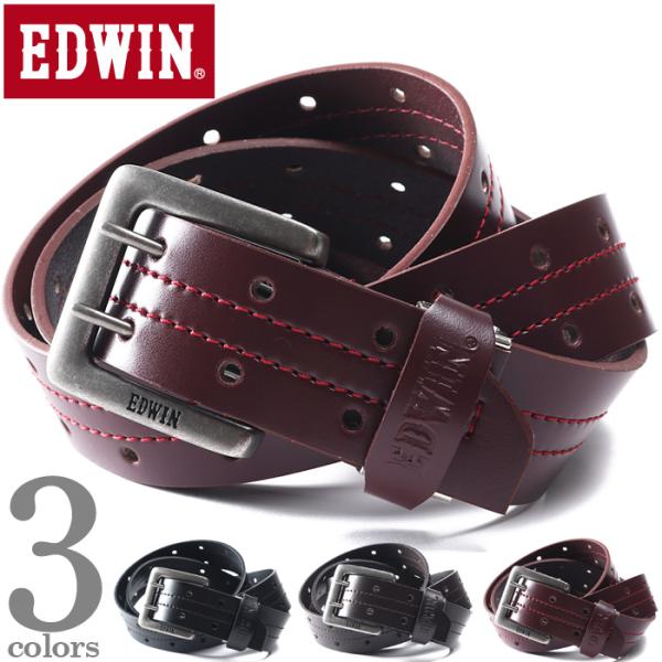 大きいサイズ メンズ EDWIN エドウィン ダブルピンパンチング ステッチ レザー ベルト ロングサイズ 0111245