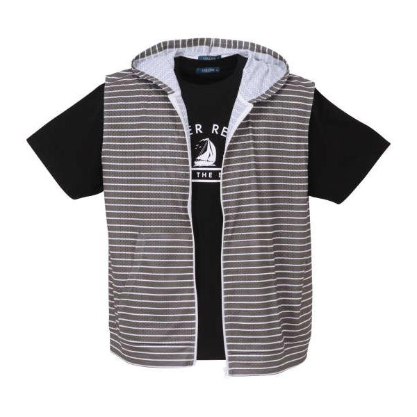 大きいサイズ メンズ COLLINS メッシュボーダー ノースリーブ フルジップ パーカー + 半袖 Tシャツ チャコール × ブラック 1258-3264-2 3L 4L 5L 6L 8L