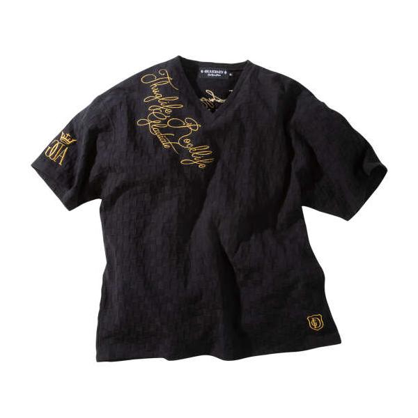 大きいサイズ メンズ GLADIATE ブロックジャガードALL刺繍 半袖 Vネック Tシャツ ブラック 1258-6281-1 3L 4L 5L 6L