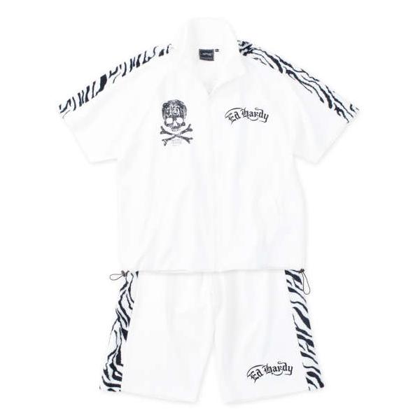 大きいサイズ メンズ Ed Hardy ゼブラ フェイクファー ライン 半袖 ジャージ セット ホワイト 1278-4517-1 3L 4L 5L 6L 8L