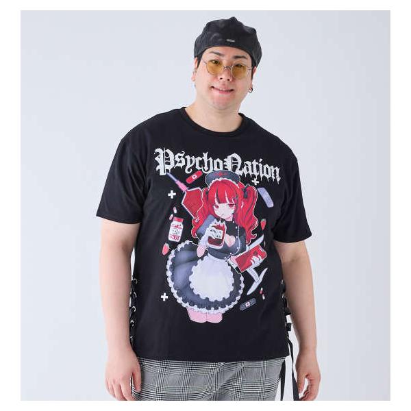大きいサイズ メンズ PSYCHO NATION サイコ×寝田ルネ ナース 半袖 Tシャツ ブラック 1278-4544-1 3L 4L 5L 6L