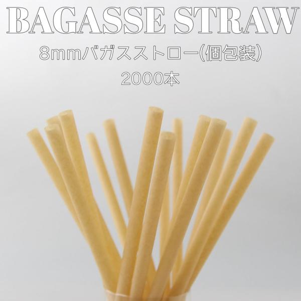 8mm口径 テイクアウト おしゃれ エコ バガス サトウキビ ストロー エコストロー 個包装  2000本
