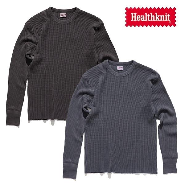 ヘルスニット【Healthknit】52021 メンズ サーマルキングワッフル ピグメント染め クルーネック ロンT 加工 長袖 ロングスリーブ ネイビー ブラック カットオフ