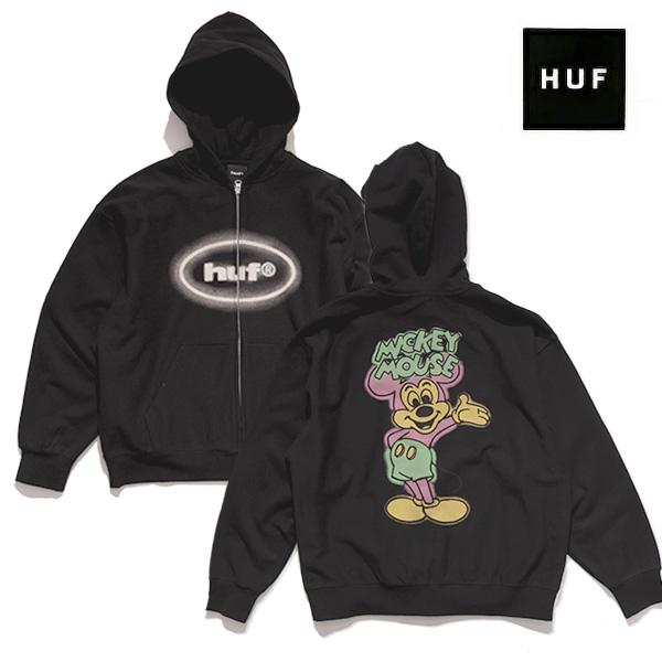 ハフ【HUF】FL00253 HUF MICKEY SPRAY ZIP HOOD ディズニー ミッキー ジップパーカー フルジップ パーカー 長袖 メンズ レディース ピグメント Disney コラボ