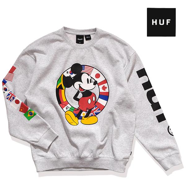 ハフ【HUF】PF00823 HUF WORLDWIDE TOUR CREW ディズニー ミッキー スウェット トレーナー 長袖 メンズ レディース コラボ クルーネック 袖プリント