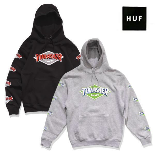 ハフ【HUF】PF00826 HUF X THRASHER LOGO PO HOOD スラッシャー パーカー フーディー プルオーバー 長袖 コラボ メンズ レディース トップス 裏毛 袖プリント