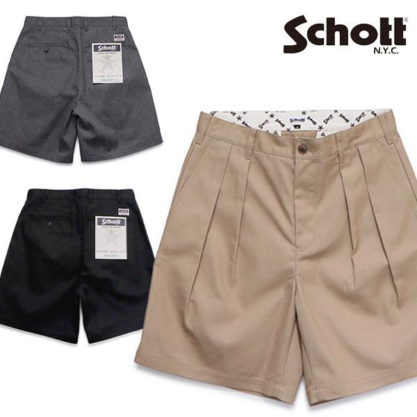ショット【Schott】3126039 DOUBLE PLEATED T/C SHORTS/ダブルプリーツ T/C ショーツ ボトムス ハーフパンツ ショートパンツ 短パン メンズ 無地 アメカジ