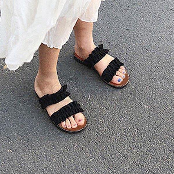 オーバーのアイテム取扱 プレ値下げ サンダル レディース 幅広 ぺたんこ 歩きやすい 春夏 フリルサンダル おしゃれ フラット