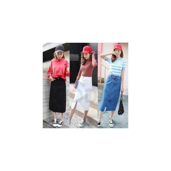 デニムスカート 今季も再入荷 レディース ボトムス ロングスカート ハイウエストスカート ブルー ブラック ベンツスカート ホワイト フロントベンツ