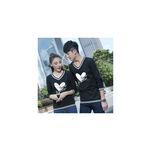 ペアシャツ カップル ペアルック Tシャツ 春秋 キャラクタ 心柄 長袖 メンズ レディース 韓国風 男女