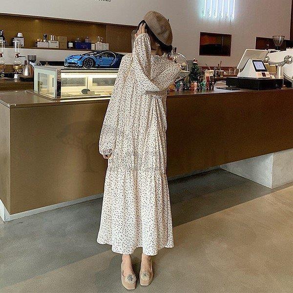 ワンピース レディース 長袖 秋 冬 ロング 水玉 ドット ゆったり かわいい フリーサイズ 大きいサイズ 限定品