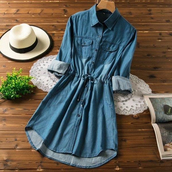 デニムワンピース 40代 秋 コーデ 長袖 デニム チュニック 膝丈 カジュアル お金を節約 ベルト付き Aライン 着痩せ おしゃれ シャツワンピース Ol 通勤