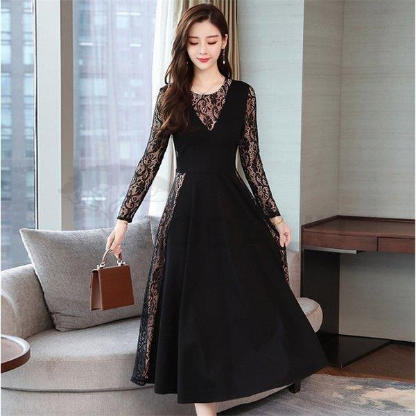 ワンピース レディース ロングワンピース 40代 海外並行輸入正規品 きれいめ Aラインワンピース 長袖 黒 フォーマルワンピース 結婚式 無地 ドレス 着痩せ