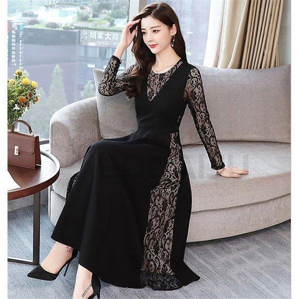 ワンピース レディース ロングワンピース 40代 海外並行輸入正規品 きれいめ Aラインワンピース 長袖 黒 フォーマルワンピース 結婚式 無地 ドレス 着痩せ