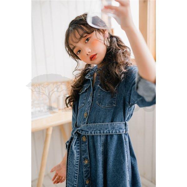 子供服 ワンピース キッズ 女の子 秋着 永遠の定番モデル 長袖 デニムワンピース 膝丈 子供ドレス おしゃれ 新品 Dress ベルト付き カジュアル 韓国子供服 ジュニア 可愛い