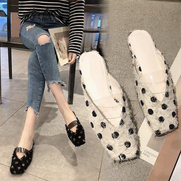 卓抜 サボサンダル ミュール スクエアトゥ ぺたんこ フラット レディース 靴 ペタンコ かわいい 水玉模様 カジュアル 女 ドット柄 可愛い 夏 おしゃれ