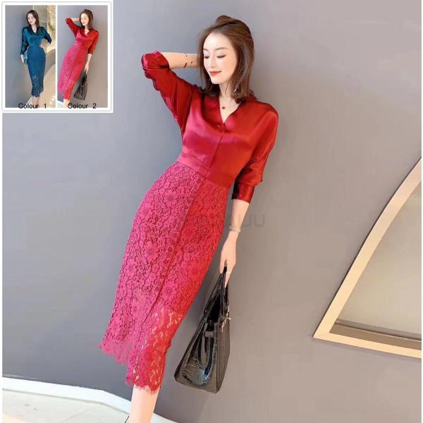 ワンピース レディース 40代 きれいめ 春秋 長袖 上品 マキシワンピース レース Vネック チュニック 大きい