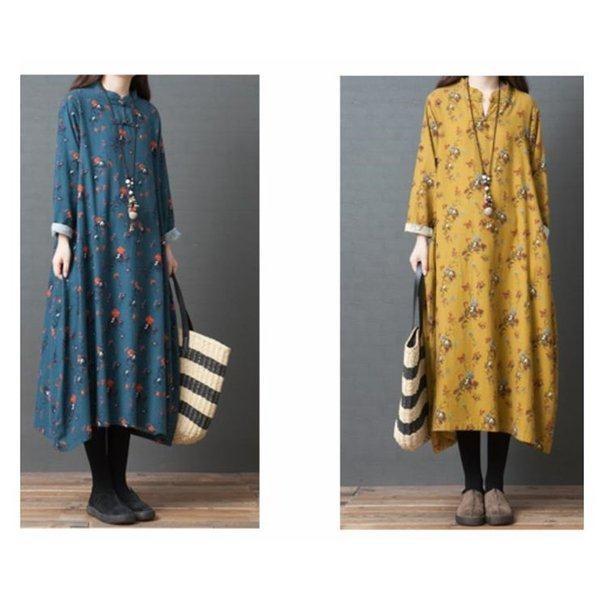 ワンピース コットン 綿 レディース ロングワンピース 体型カバー 花柄ワンピース 長袖 着痩せ シャツワンピース 大人可愛い 通販 秋 大きいサイズ