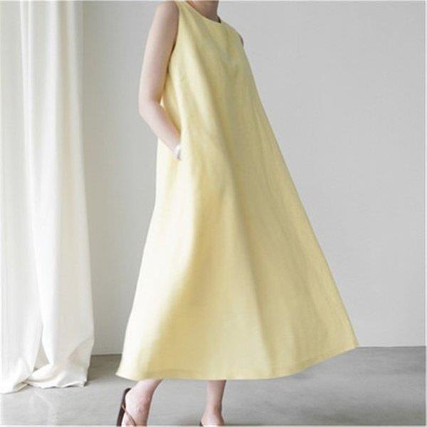 新カラー追加 ワンピース お気にいる レディース リネンワンピース マキシ丈 黒 亜麻ワンピース ゆったり タンク 体型カバー ロングワンピース ノースリーブ 大きいサイズ