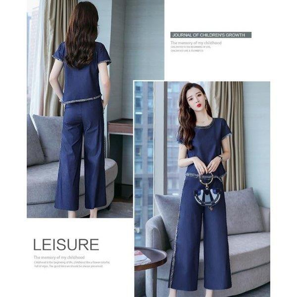 パンツスーツ セットアップ レディース デニム 新色追加 半袖トップス ガウチョパンツ ワイドパンツ 夏新作 2点セット 通勤 お洒落 カジュアル