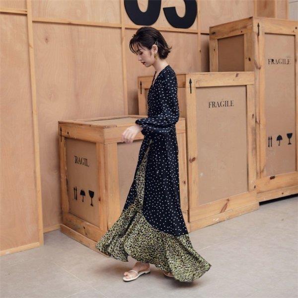 ワンピースドレス レディース 春秋 膝丈ワンピーススカート ドット柄 長袖 往復送料無料 ロング丈ワンピース 50代 きれいめ 40代 着痩せ 結婚式 ドレス オシャレ30代