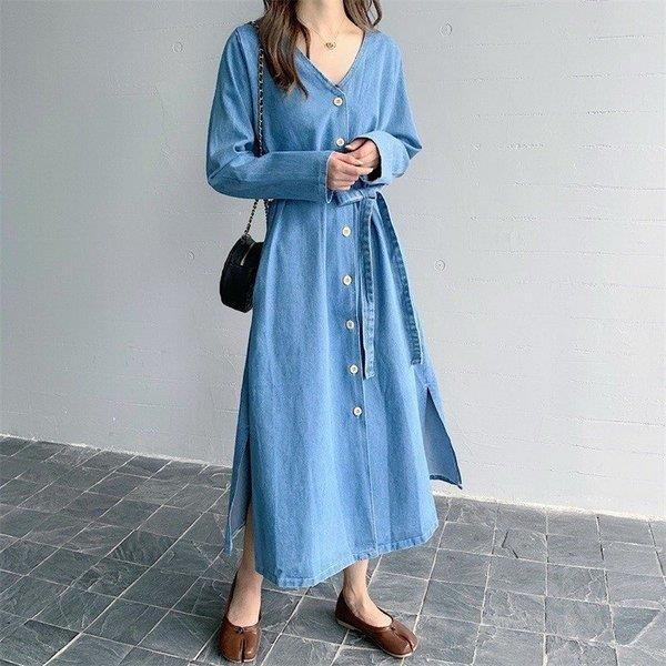 デニムワンピース ロン丈 長袖 レディース ワンピース デニム シャツ
