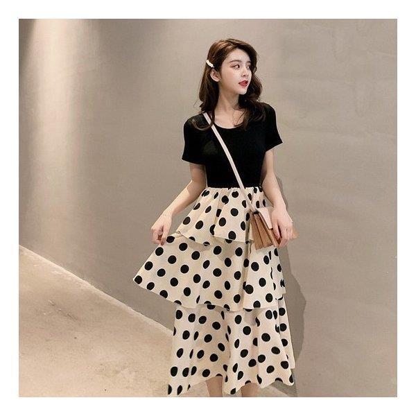 春ワンピース 水玉ワンピース ドレス レディースワンピ 夏ワンピ ビーチワンピース 膝下 半袖 パーティー 二次会 ウエディング