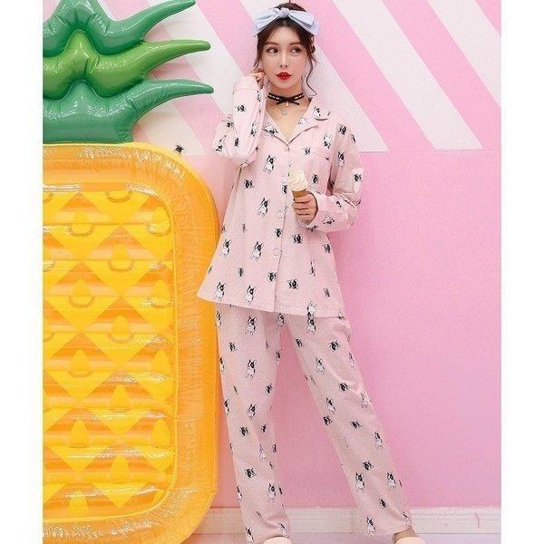 パジャマ レディース 長袖 前開き 犬柄 ロング パジャマ 上下セット パンツセット 寝巻き 寝間着