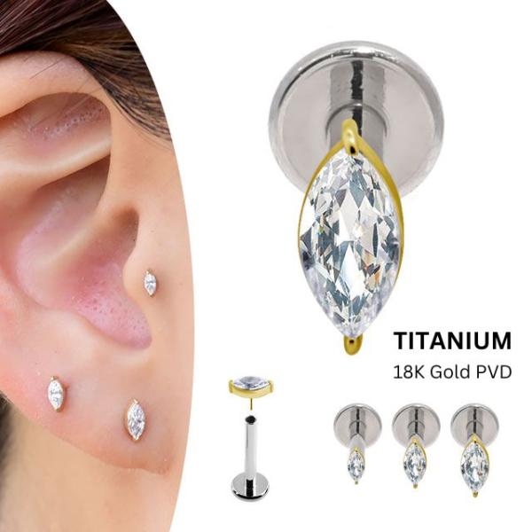 18金 ピアス プッシュピアス 20g 18g 16g 14g マーキス ニッケルフリー 18KゴールドPVD チタンピアス 金属アレルギー対応 ラブレットスタッド ボディピアス