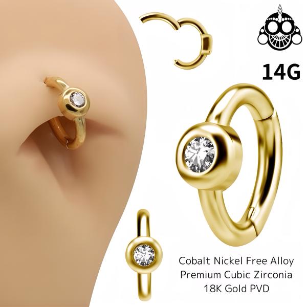ワンタッチピアス 14G K18ゴールドPVD ストーン Oval ニッケルフリー ピアス　クリッカー 金属アレルギー対応 へそピアス ロブ ヘリックス トラガス ロック