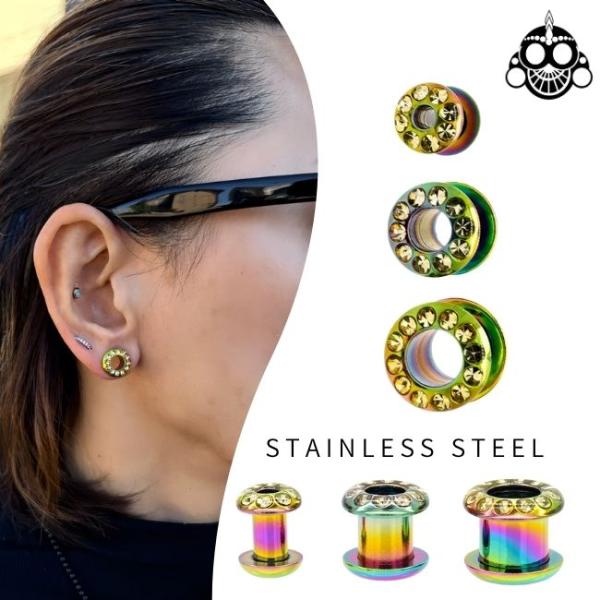 ボディピアス 6G チタン レインボー ストーン ラウンド トンネルピアス