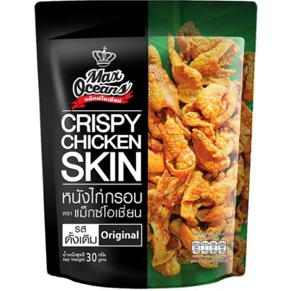 商品名　：MAX OCEANS CRISPY CHICKEN SKIN ORIGINAL FLAVOR名称　　：スナック菓子原材料名： 鶏皮、パーム油、小麦粉、タピオカ澱粉、食塩、砂糖、卵／調味料（アミノ酸等）、膨張剤、リン酸Ca、（一部に...