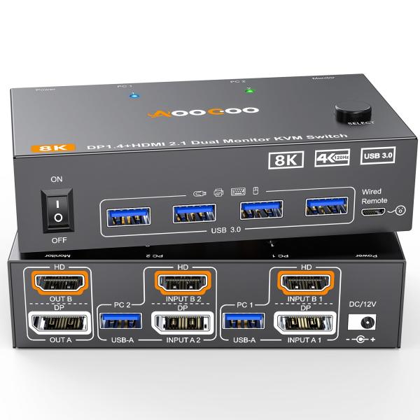 KVMスイッチデュアルモニター2ポート8K デュアル モニター KVM スイッチ 2 ポート 8K@60Hz 4K@144Hz HDMI+DP