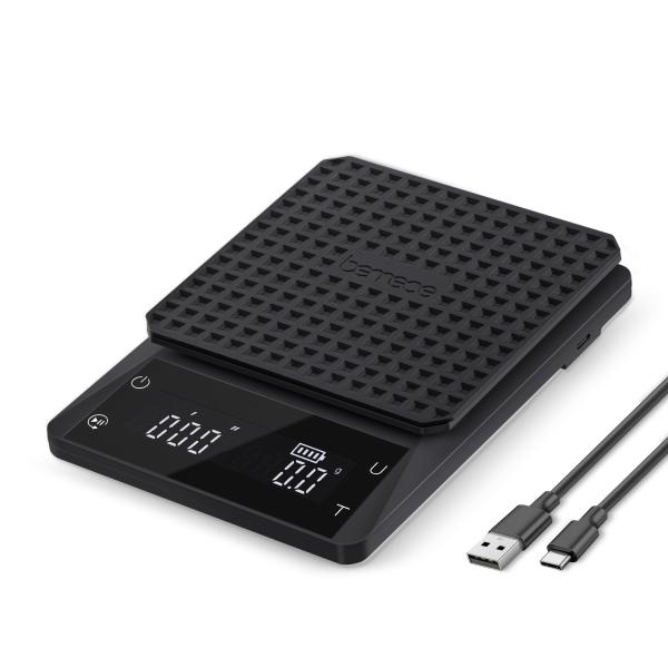 bemece コーヒースケール デジタルスケール タイマー機能 0.1g高精度 最大3kg LED付き ドリップ（光沢ブラック-18*13）
