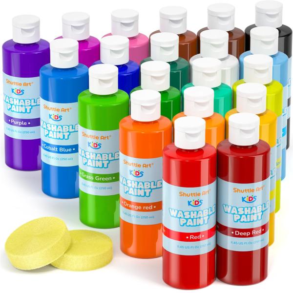 Shuttle Art 子供用洗える絵の具 20色セット 約250ml テンペラ絵の具 たっぷり大容量 安全 水性 水で落とせる スポンジ2個付き ア