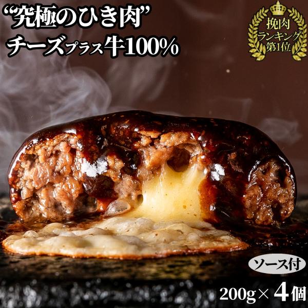父の日 牛肉 100％ハンバーグ 無添加 ギフト 内祝 誕生日 1個200g 個包装 チーズイン4個 (総量800g) 店舗オリジナルソース付き 冷凍 bonbori 送料無料 爆買