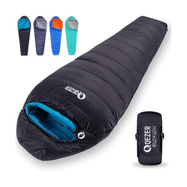 QEZER シュラフ 冬用 ダウン 寝袋 マミー型 羽毛寝袋 500g〜1500g
