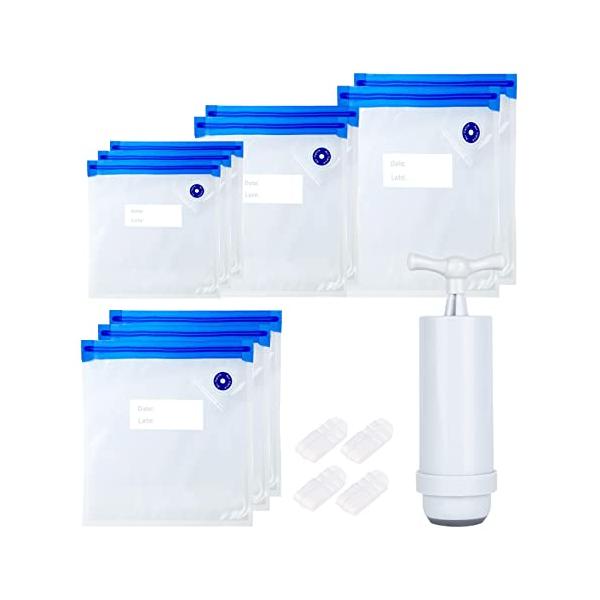 「真空パック 袋 10枚 手動ポンプ付 密封用スライダー4枚付 PA&amp;PE材質 二重チャック 新鮮度長持ち 抗菌袋 圧縮袋」▼607816987350▼（商品説明）真空バッグ10枚+手動ポンプ・白 真空バッグ10枚-手動ポンプ付き ...