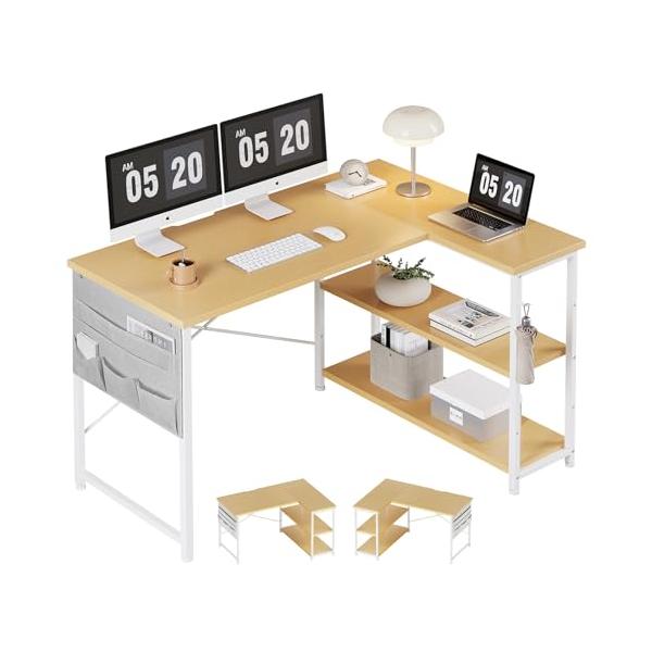 「YeTom l字デスク ゲーミングデスク 机 デスク 右棚左棚 幅107cm つくえ 棚板高さ調節可能 収納袋付き L字型 PC 勉強机 作業」▼797444714692▼（商品説明）収納袋付き L字型 PCライトオーク/幅107cm/-...