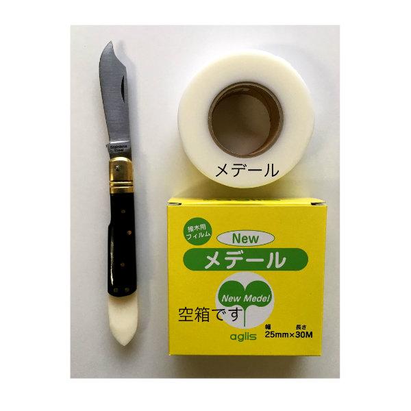 果樹やバラなどの芽接ぎをする時に使用するナイフと接木テープのセットです。ナイフはステンレス製なのでサビに強いです。 両刃タイプなので左ききの方も使用できます。ナイフの全長　約１９０ｍｍ　刃渡り　約６０ｍｍ　折り畳み時の全長　約１２０ｍｍ　重...